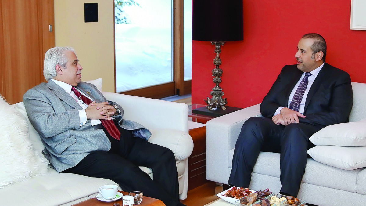 Minister of Economy and Commerce, H E Sheikh Ahmed bin Jassim Al Thani (right) met with Saudi Arabia's Minister of Commerce and Investment, Majid Al Qassabi, on the sidelines of World Economic Forum in Davos, yesterday. During the meeting, they reviewed b