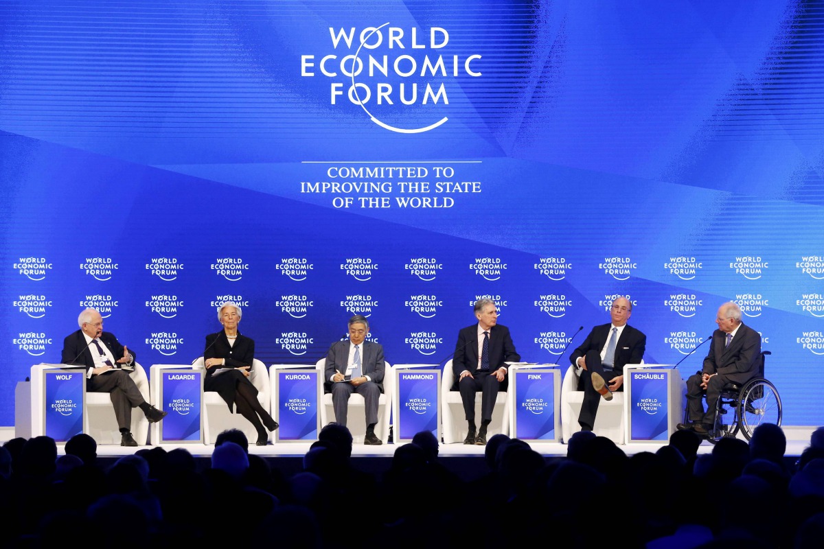 Christine Lagarde, Director, International Monetary Fund (IMF), Haruhiko Kuroda, Governor of the Bank of Japan, Philip Hammond, Britain's Chancellor of the Exchequer, Laurence Fink, Chairman and CEO BlackRock and Wolfgang Schaeuble, German Minister of Fin