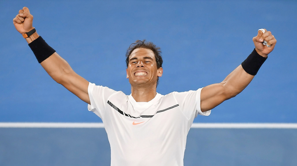 Spain's Rafael Nadal celebrates his win against Canada's Milos Raonic at the Australian Open quarter-final in Melbourne yesterday. 