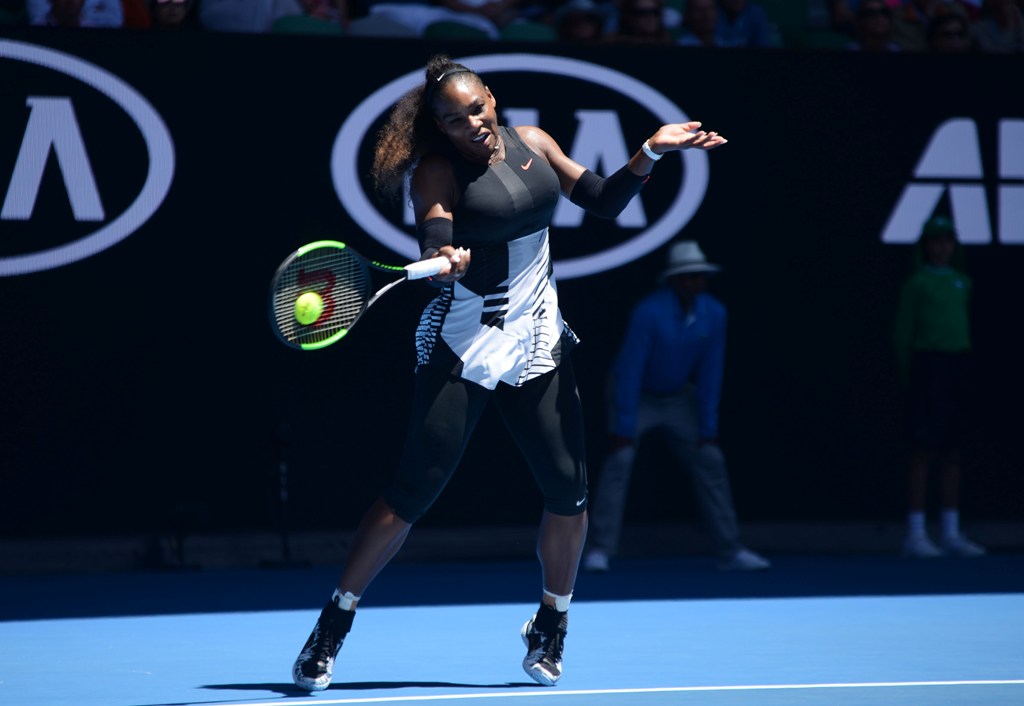Serena Williams of USA returns the ball to Johanna Konta (not seen) of Great Britain during their Australian Open women's singles match at Margaret Court Arena in Melbourne, Australia on January 25, 2017.  Recep ?akar - Anadolu Agency

