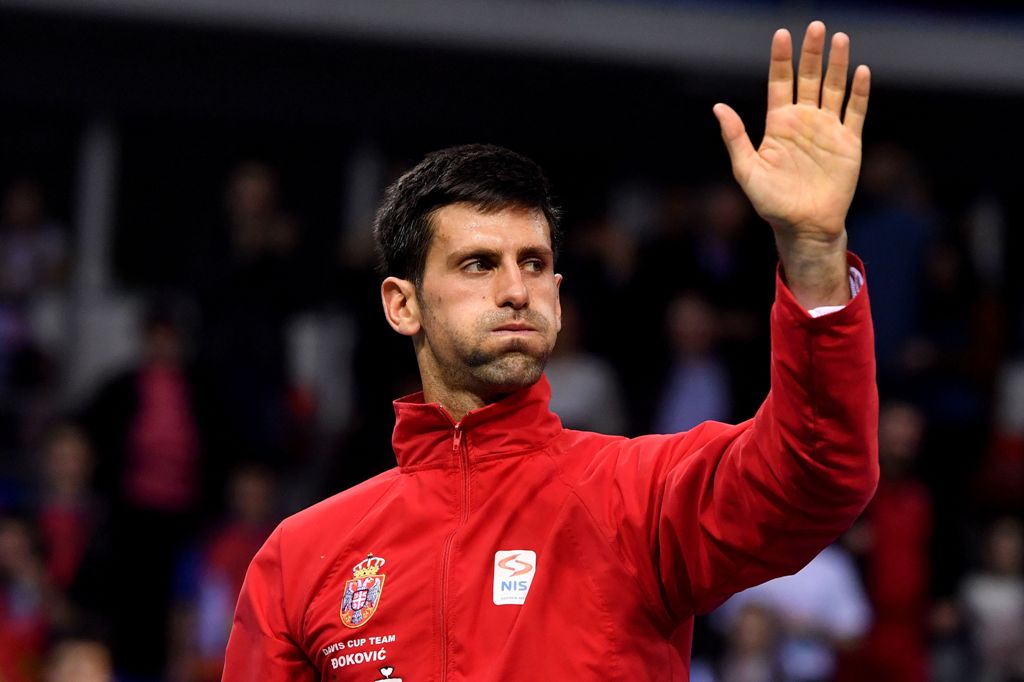 Serbia's tennis player Novak Djokovic reacts after winning against Russia's tennis player Daniil Medvedev during the Davis Cup World Group first round singles tennis match between Serbia and Russia at Cair sports hall in Nis, on February 3, 2017. AFP / AN