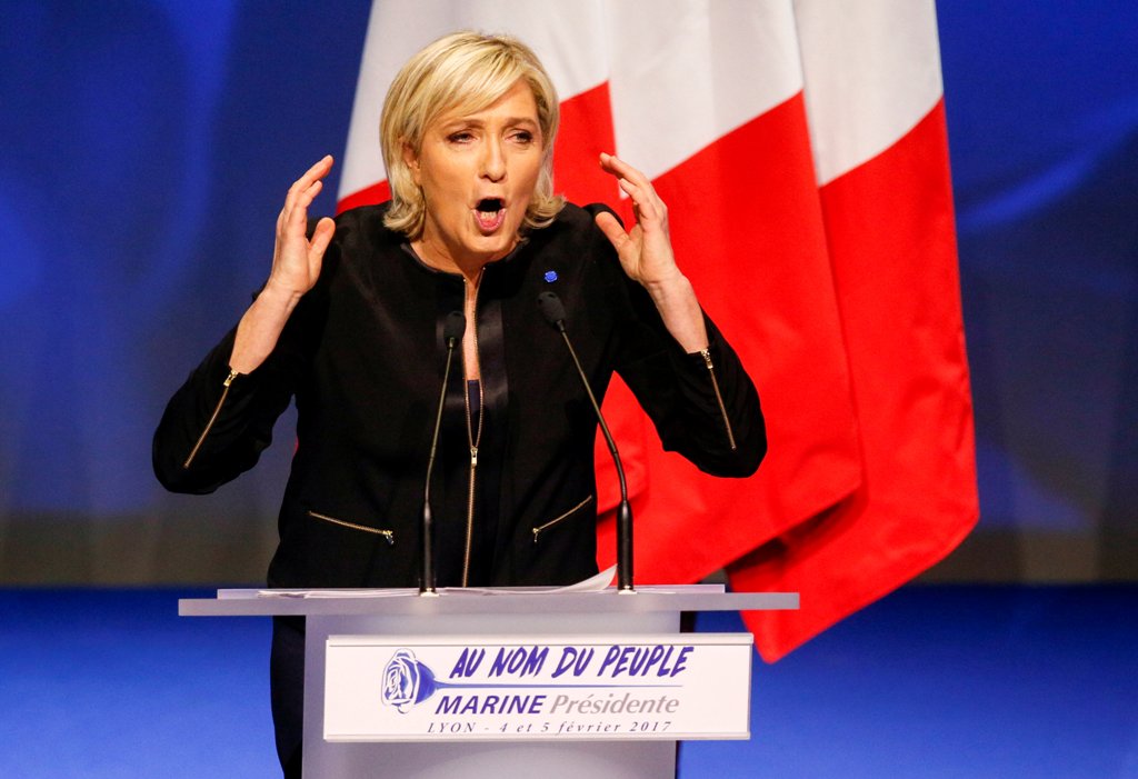 Marine Le Pen, French National Front (FN) political party leader and candidate for the French 2017 presidential election, attends the 2-day FN political rally to launch the presidential campaign in Lyon, France February 5, 2017. REUTERS/Robert Pratta
