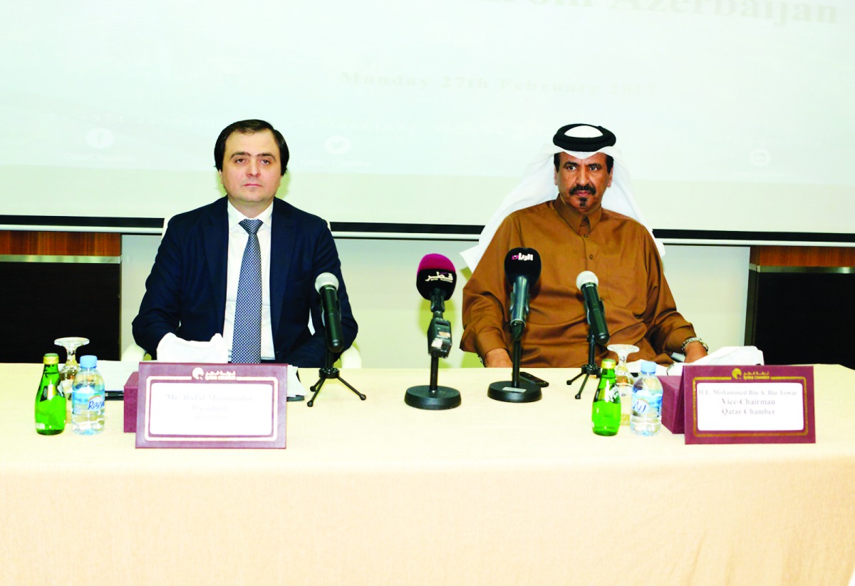 Muhammed bin Ahmed bin Towar (right), Vice-Chairman of QC, and Rufat Mammadov, President of Azerbaijan Export and Investment Promotion Foundation at QC, yesterday. 