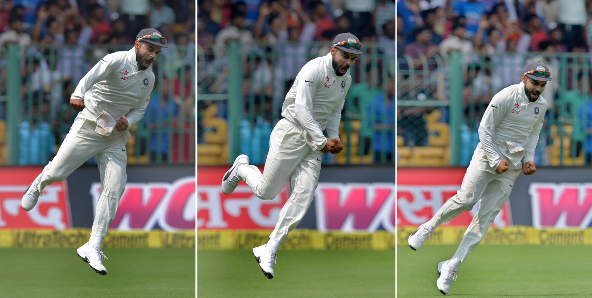 This combination of photographs created on March 7, 2017, shows India's cricket captain Virat Kohli as he celebrates the dismissal of Australia's Matthew Wade during the fourth day of the second cricket Test match between India and Australia at The M. Chi