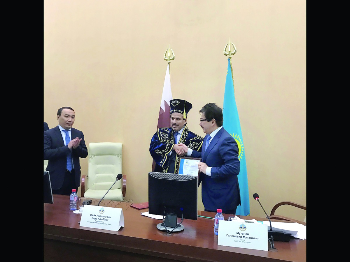 Qatar Central Bank Governor H E Sheikh Abdullah bin Saud Al Thani receiving the honorary doctorate at the event. 