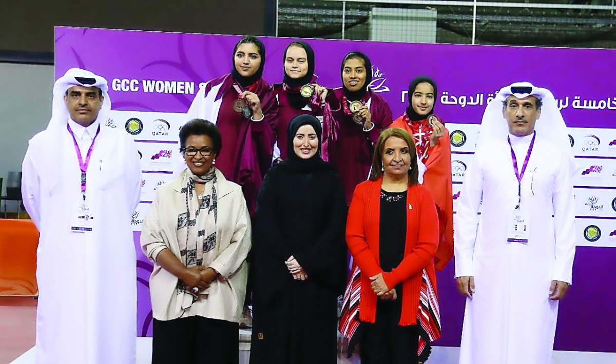 Qatar's table tennis team players and officials pose for a group photo after the conclusion of table tennis events at the ongoing GCC Women's Games in Doha. The hosts made a clean sweep in the discipline winning all the doubles, singles and team events.  