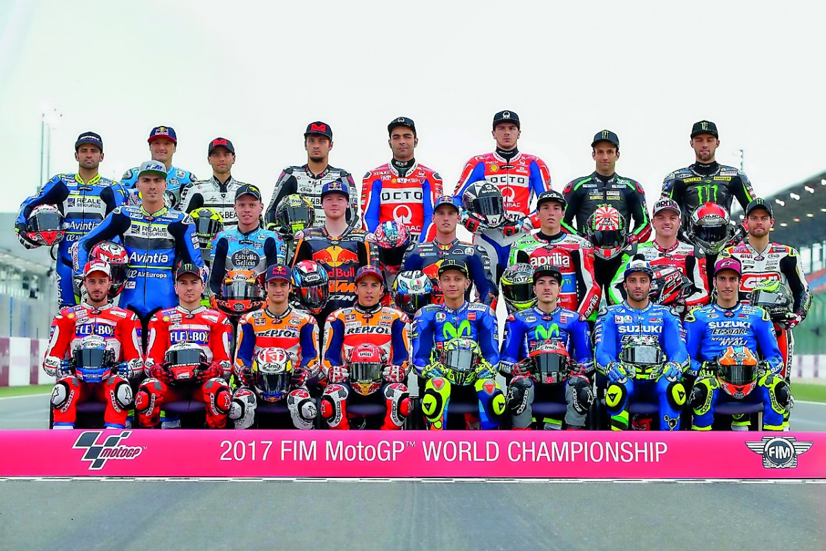 MotoGP riders pose for a family portrait at the Losail International Circuit ahead of Sunday's Grand Prix of Qatar. 