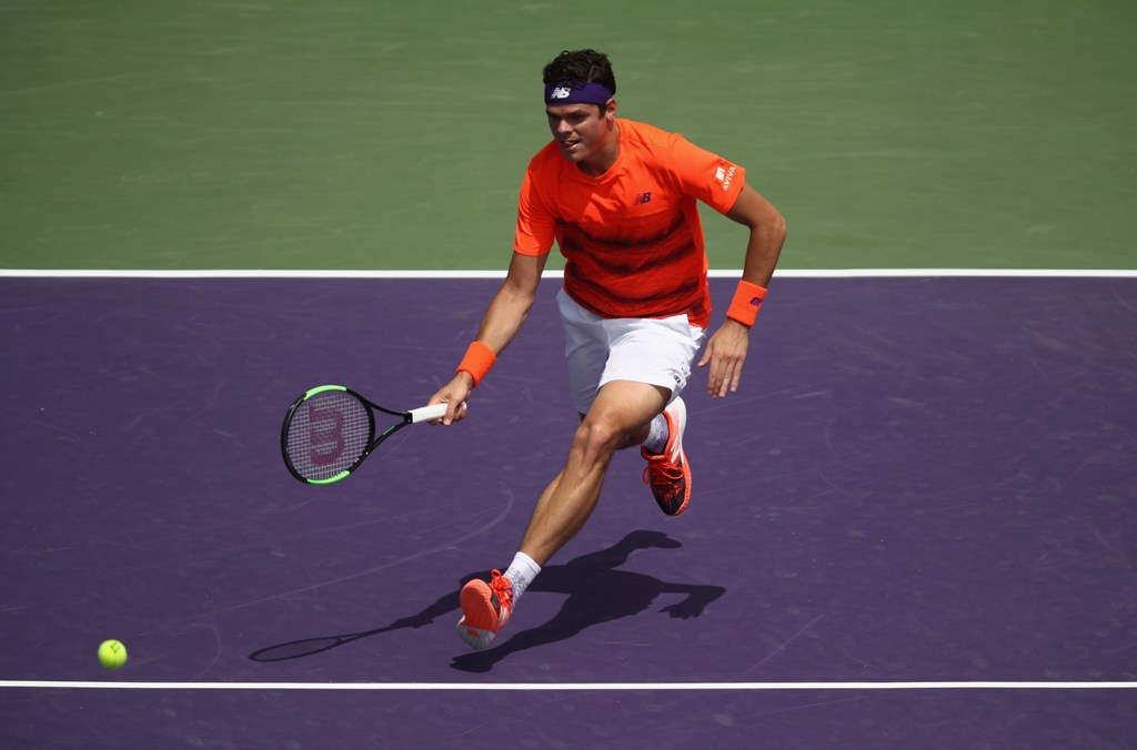 Milos Raonic of Canada in action against Viktor Troicki of Serbia at Crandon Park Tennis Center on March 24, 2017 in Key Biscayne, Florida. Julian Finney/Getty Images/AFP
