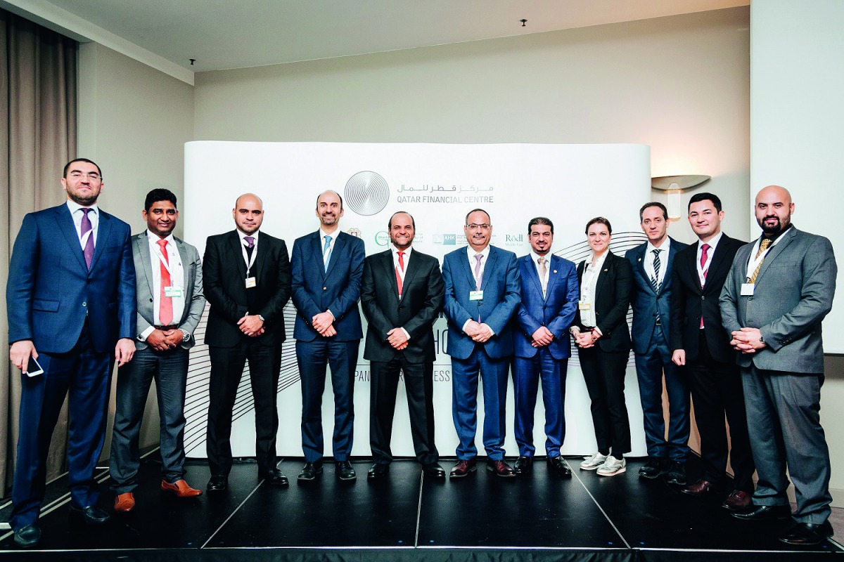 Sheikh Saoud bin Abdulrahman Al Thani, (fifth left) Ambassador of Qatar to the Federal Republic of Germany, and senior representatives from QFC, Manateq and Ghorfa at the QFC Germany Roadshow in Berlin.