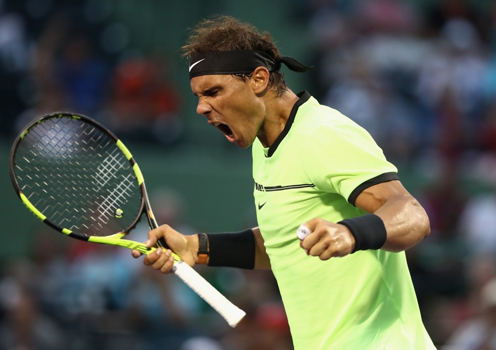 Rafael Nadal of Spain celebrates defeating Philipp Kohlschreiber of Germany at Crandon Park Tennis Center on March 26, 2017 in Key Biscayne, Florida. Julian Finney/Getty Images/AFP
