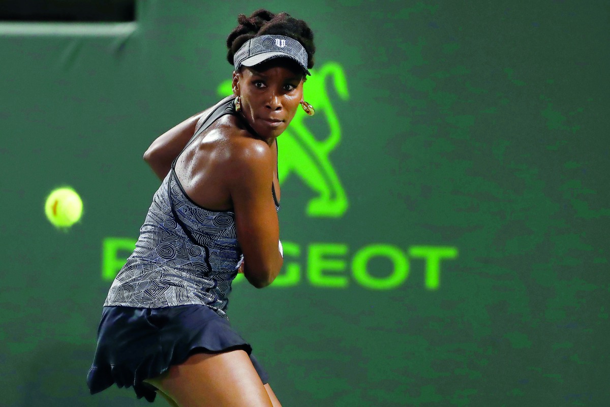 Venus Williams of the United States hits a backhand against Angelique Kerber of Germany (not pictured) on day nine of the 2017 Miami Open on Wednesday. 