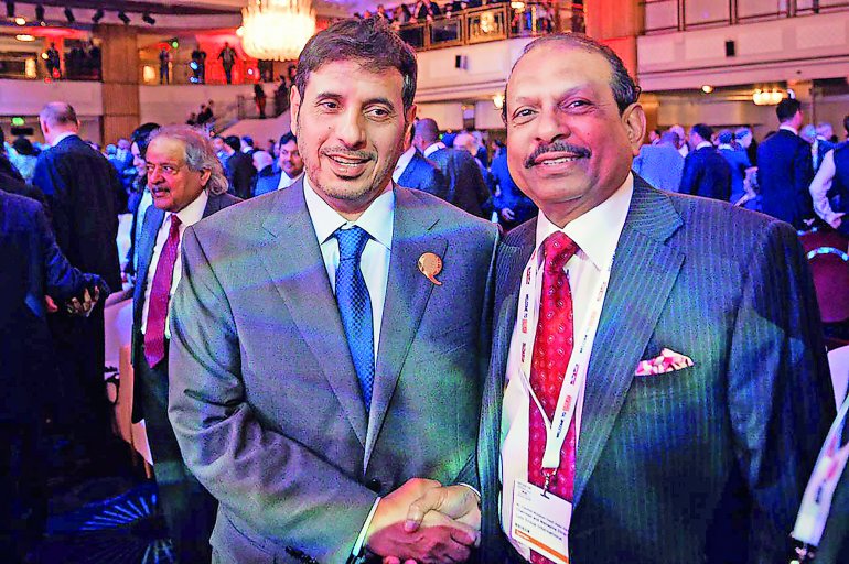 Prime Minister and Interior Minister H E Sheikh Abdullah bin Nasser bin Khalifa Al Thani (left), with Lulu Group Chairman Yusuff Ali MA during Qatar-UK Business and Investment Forum held in London. The Prime Minister and Interior Minister along with UK Pr