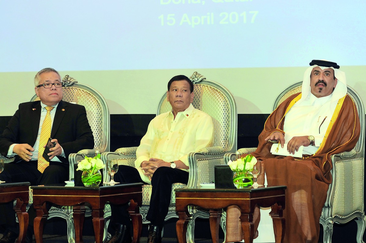 Philippine President Rodrigo Duterte (centre) Qatar Chamber Vice- Chairman Mohammed bin Ahmed bin Twar Al Kuwari (right) and one of the members of the accompanying trade delegation during the Philippine-Qatar Business Forum held at the Four Sessons Hotel,