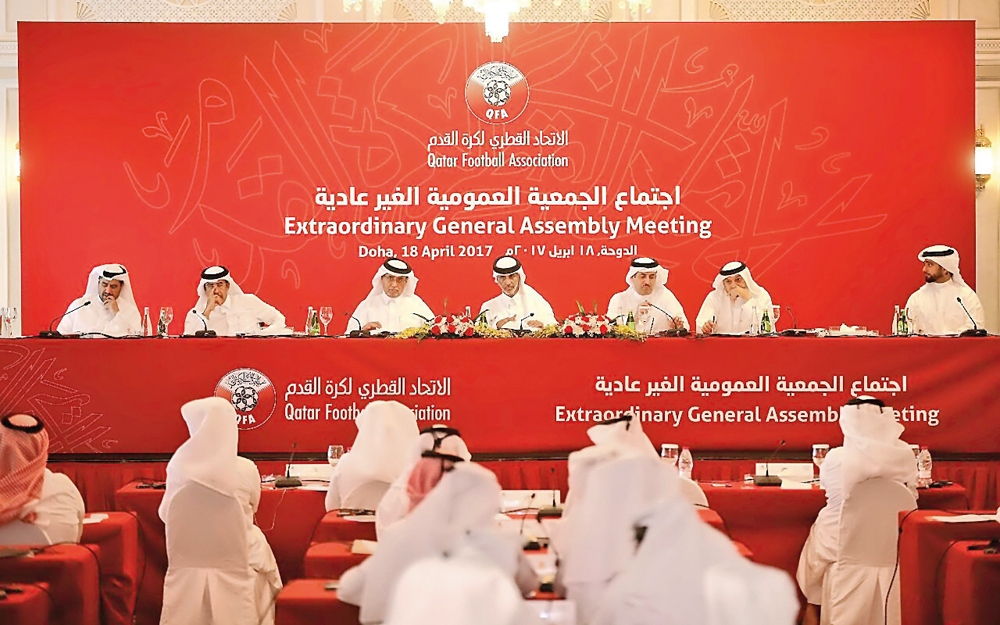 Qatar Football Association President Sheikh Hamad bin Khalifa bin Ahmed Al Thani (centre) attended the General Assembly Meeting (AGM) at the Diplomatic Club yesterday.