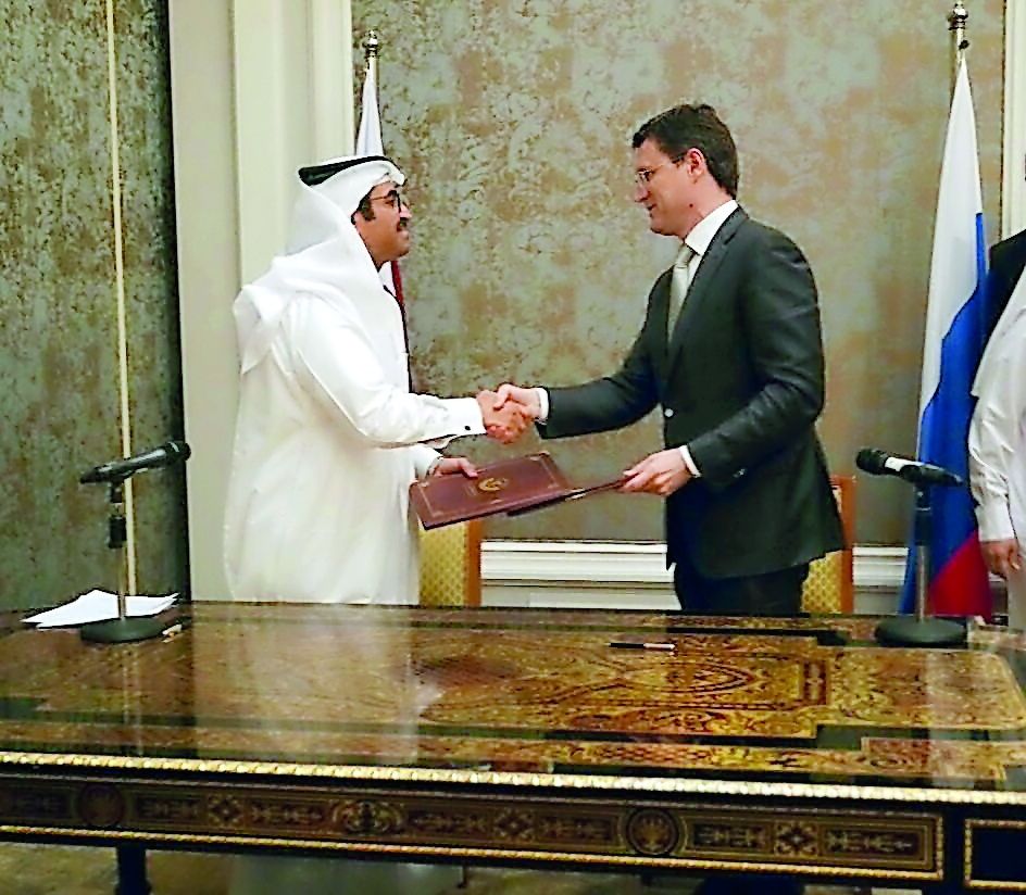 Minister of Energy and Industry H E Dr Mohammed bin Saleh Al Sada and and Russian Minister of Energy, Alexander Novak, at the thrid meeting of the Joint Qatar-Russian Commission on Trade, Economic and Technical Cooperation.