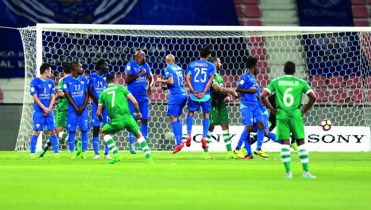 Al Ahli score a goal during the  Emir Cup match against Al Kharaitiyat at Al Arabi Stadium yesterday. Pictures by: Mohamed Faraj