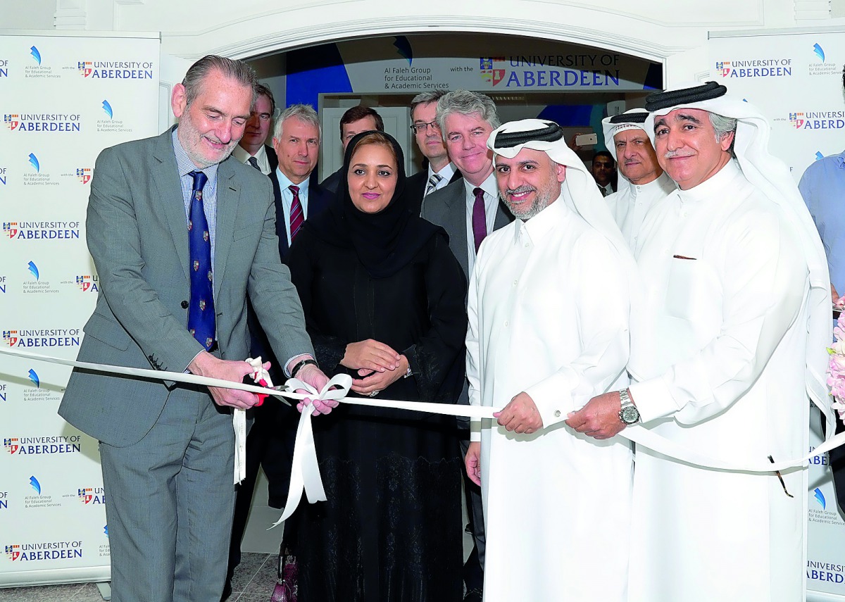 Professor Sir Ian Diamond (left), the Principal and Vice-Chancellor of the University of Aberdeen, Sheikha Dr Aisha bint Faleh bin Nasser Al Thani, Chairperson of Board of Directors of AFG, Dr Khalid Al Hur, Director of Department of Higher Education at t