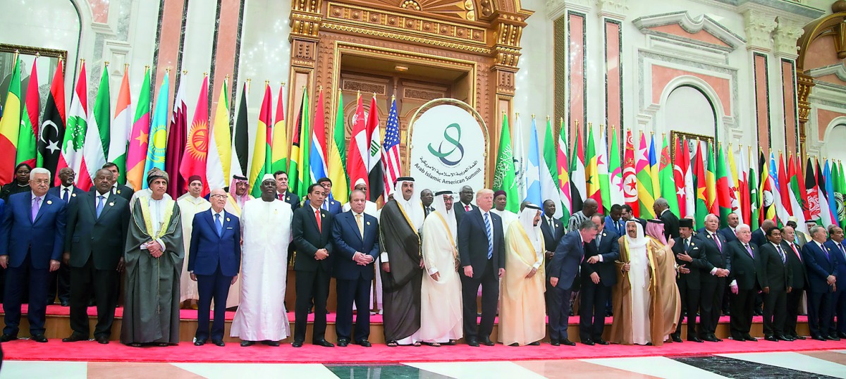 Emir H H Sheikh Tamim bin Hamad Al Thani with the Custodian of the Two Holy Mosques, King  Salman bin Abdulaziz Al Saud of the Kingdom of Saudi Arabia, President of the United States, Donald Trump, and Arab and Muslim leaders at the Arab-Islamic-American 