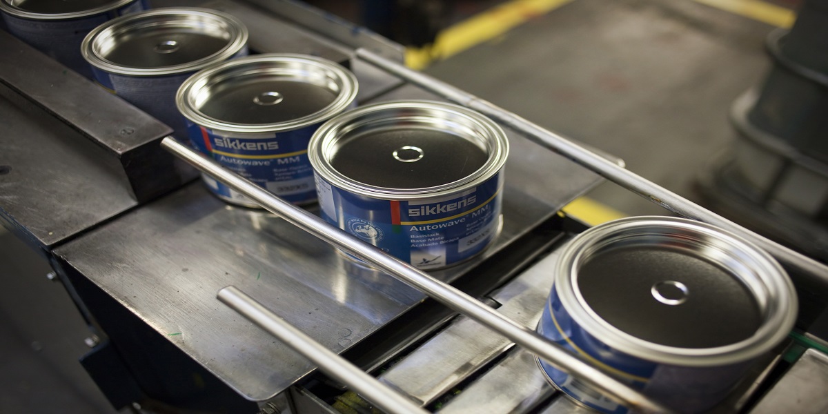 Sikkens paint cans at Akzo Nobel Sassenheim production facility.