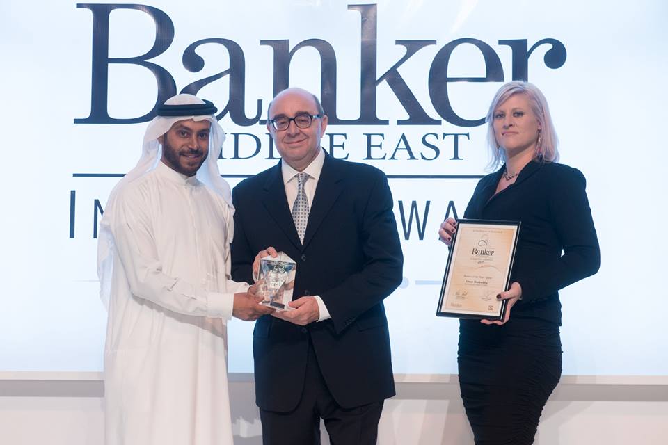 Omar Bouhadiba, Managing Director of ibq, receiving one of the  awards given to ibq at the 'Banker Middle East Industry Awards 2017' in Dubai, recently. 