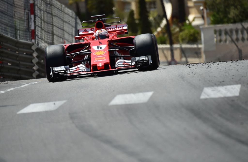 Ferrari's German driver Sebastian Vettel drives during the Monaco Formula 1 Grand Prix at the Monaco street circuit, on May 28, 2017 in Monaco. / AFP / Bertrand LANGLOIS
