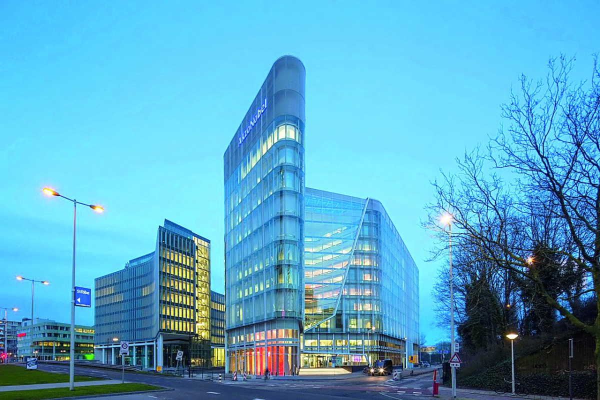 The logo of AkzoNobel,  world's leading paintmaker, is seen on top of the company's corporate headquarters building in Amsterdam.
