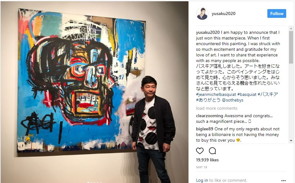 Screen shot of the Instagram post Yusaku Maezawa announcing his purchase of an $110.5 million Basquiat masterpiece.