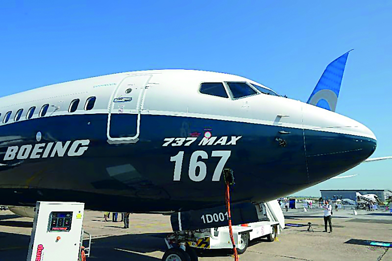 A Boeing 737 Max 9 test plane on the tarmac at the Paris Air Show, yesterday.