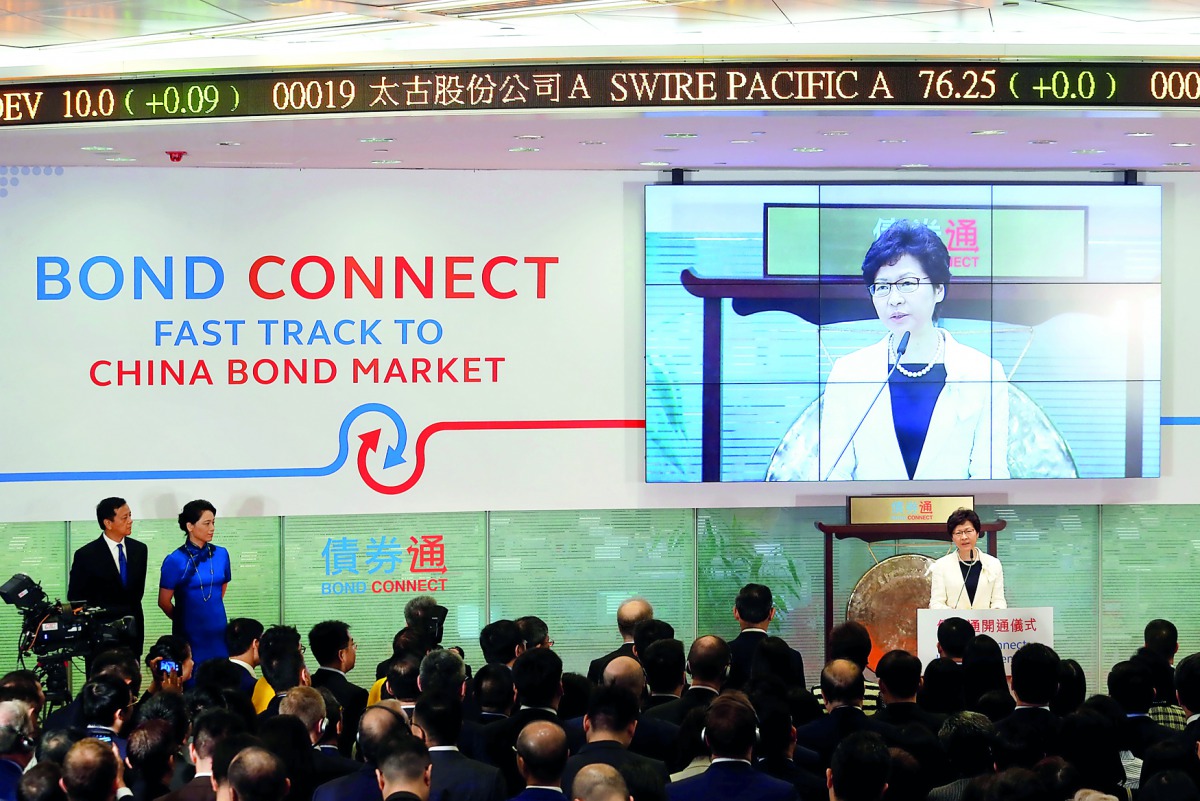 Hong Kong Chief Executive Carrie Lam speaks at the opening ceremony of Bond Connect at Hong Kong Exchanges in Hong Kong, China, yesterday