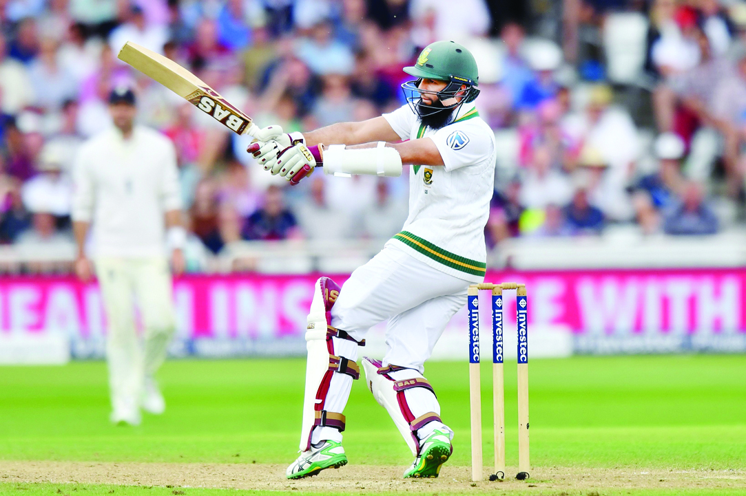 South Africa’s Hashim Amla plays a pull during the third day’s play of the second Test match against England at Trent Bridge Cricket Ground in Nottingham, England yesterday.