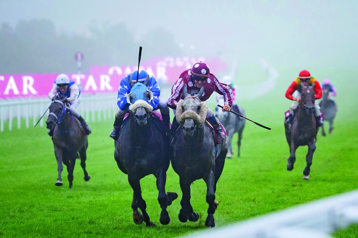 Tayf, owned by Sheikh Abdullah bin Khalifa Al Thani, centre, on its way to win the Qatar International Stakes (Gr1PA) on the second day of the Qatar Goodwood Festival in West Sussex, England yesterday.
