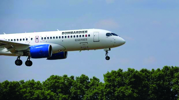 A file photo of Bombardier CS300 C Series aircraft lands after a flying display.