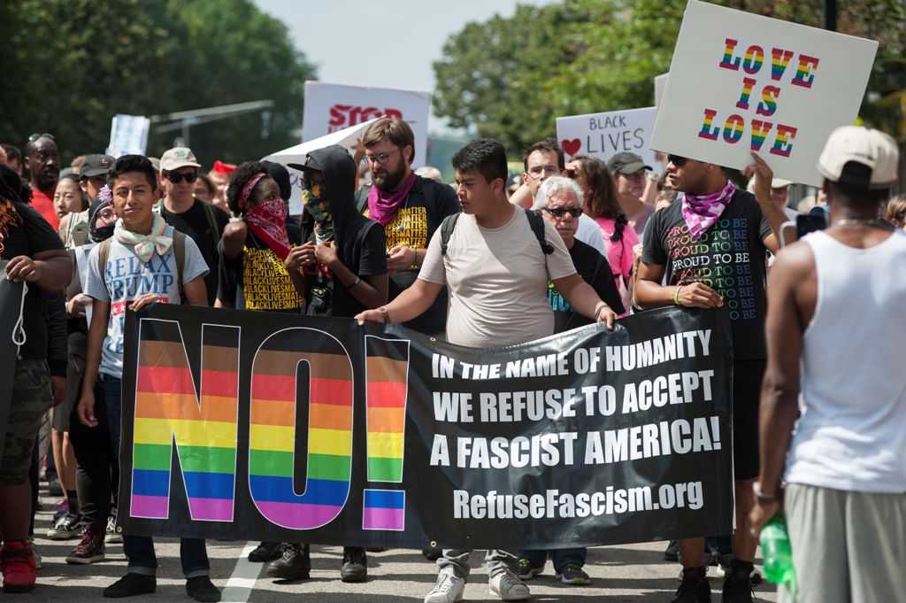 Counter-protesters of the Boston 'Free Speech' Rally march towards Boston Commons on August 19, 2017, in Boston. / AFP.