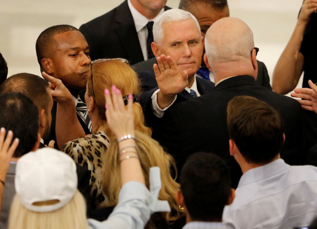 U.S. Vice President Mike Pence greets guests after speaking to a large crowd after meeting with members of the Venezuelan exile community, recent Venezuelan migrants, other local leaders and officials about the continuing devastation and unrest in Venezue