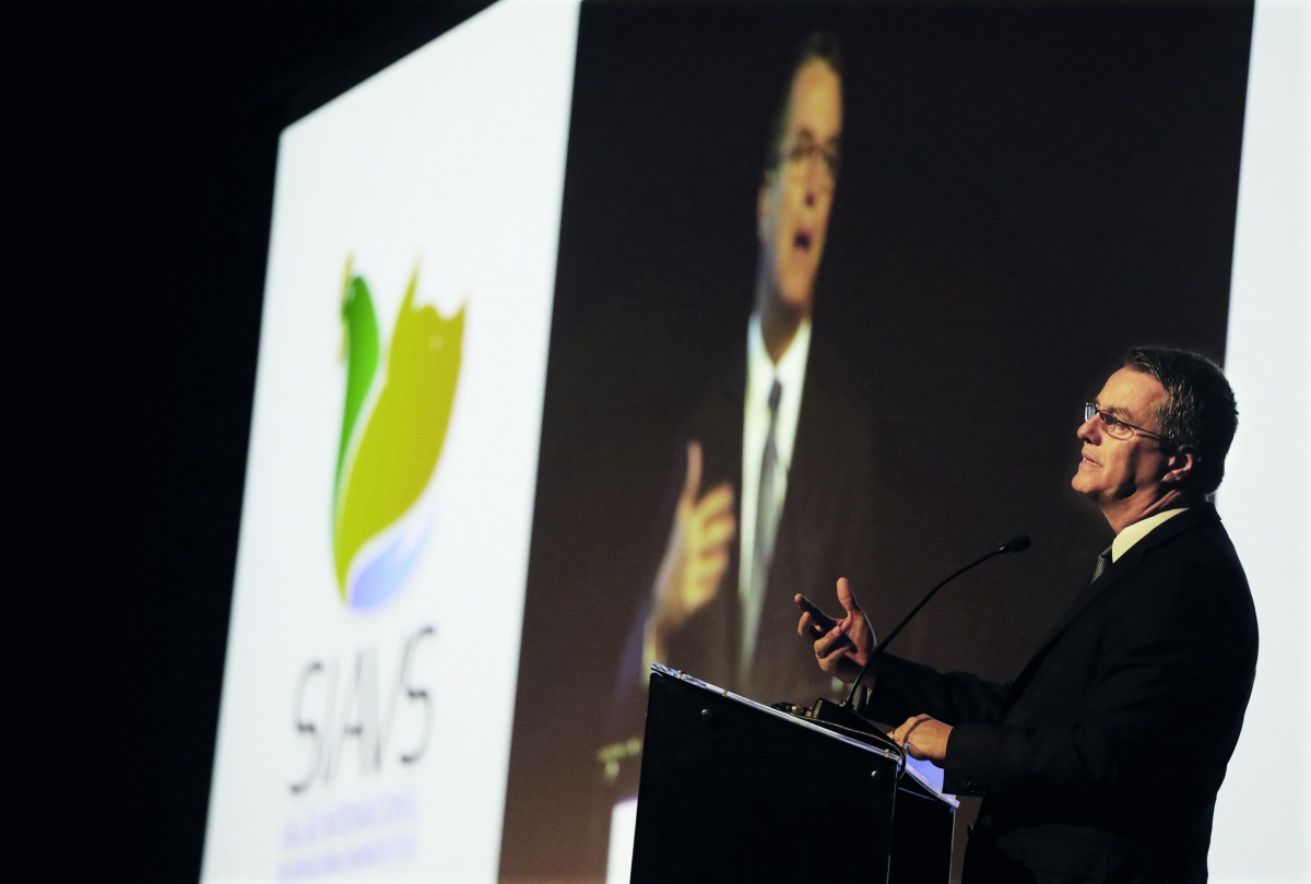 Roberto Azevedo, Director-General of the World Trade Organization (WTO), talking to the audience during the International Poultry show in Sao Paulo, Brazil, yesterday. 