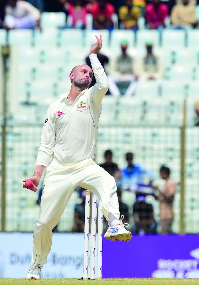Australia’s Nathan Lyon delivers a ball during the first day of the second Test match against Bangladesh at Zahur Ahmed Chowdhury Stadium in Chittagong yesterday. 