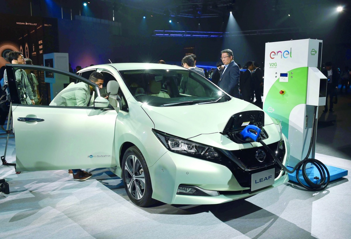 Nissan Motor’s Leaf displayed during the world premiere in  Chiba, Japan, yesterday. 