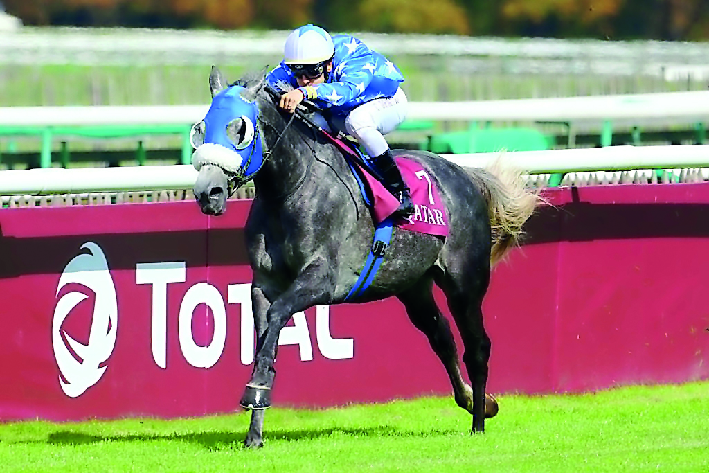 Jockey C Demuro  guides Ebraz, owned by H E Sheikh Mohammed bin Khalifa Al Thani, towards the victory in the Qatar Cup - Prix Dragon (Gr1 PA) of Qatar ARC Trials 2017 in Chantilly, France yesterday.