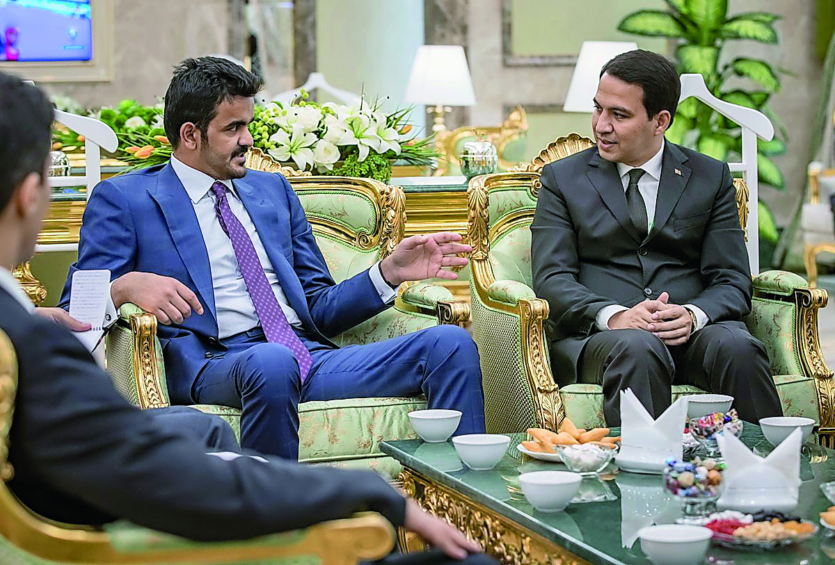 H E Sheikh Joaan bin Hamad Al Thani, the President of Qatar Olympic Committee (QOC) speaks with Turkmenistan officials ahead of the opening ceremony of the 5th Asian Indoor and Martial Arts Games in Ashgabat, Turkmenistan on Sunday.    