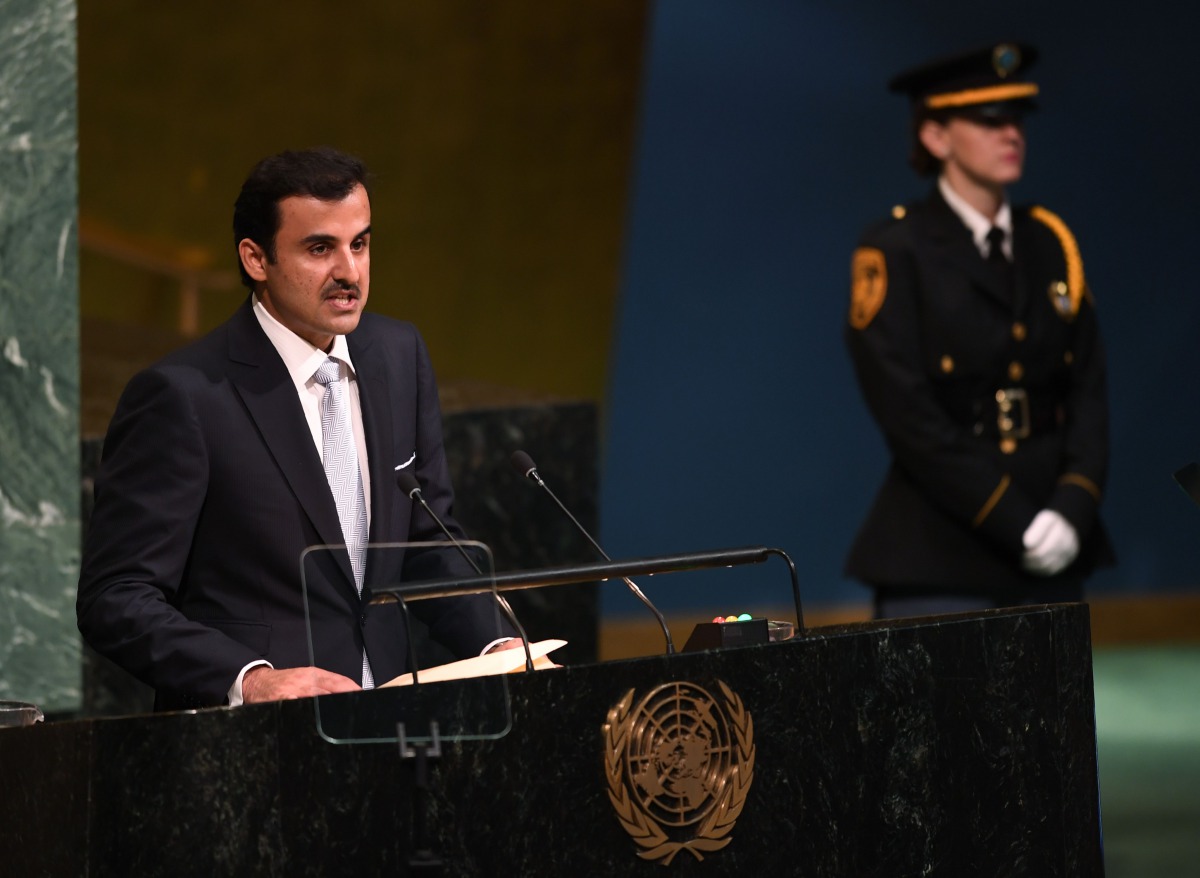 H H the Emir Sheikh Tamim bin Hamad Al-Thani, of Qatar, addresses the United Nations General Assembly, September 19, 2017 at the United Nations in New York (AFP / Don Emmert) 