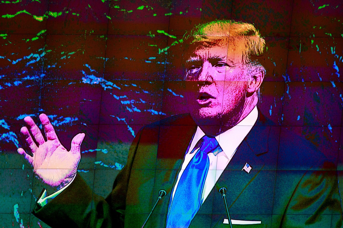 US President Donald Trump is displayed on a monitor as he addresses the United Nations General Assembly, September 19, 2017 in New York City (Drew Angerer / Getty Images / AFP) 