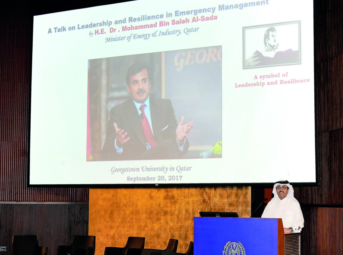 Minister of Energy and Industry, H E Dr Mohamed bin Saleh Al Sada, delivering the keynote speech at a symposium on ‘Leadership and Resilience in Emergency Management’ at the Georgetown University Qatar yesterday. Pic: Salim Matramkot / The Peninsula