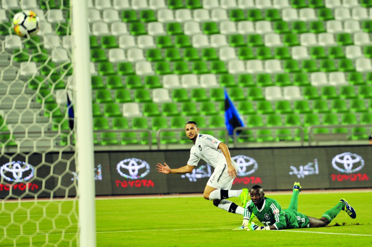Al Sadd’s Jugurtha Hamroun scores their second goal against Al Sailiya during their QNB Stars League match at Al Ahli Stadium yesterday. Picture: Kamutty VP / The Peninsula