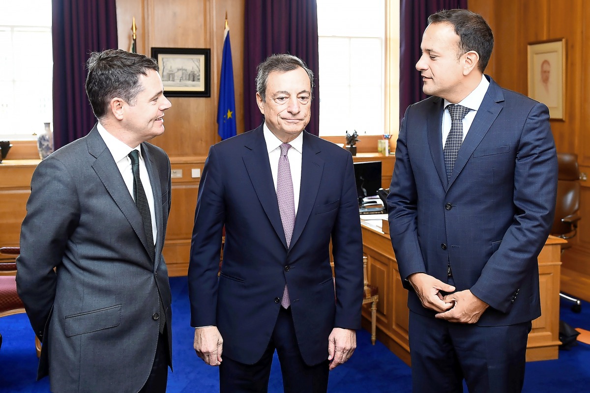 President of the European Central Bank Mario Draghi (centre) meets Prime Minister of Ireland Leo Varadkar (right) and Ireland’s Minister for Finance Paschal Donohoe, in Dublin, Ireland, yesterday.