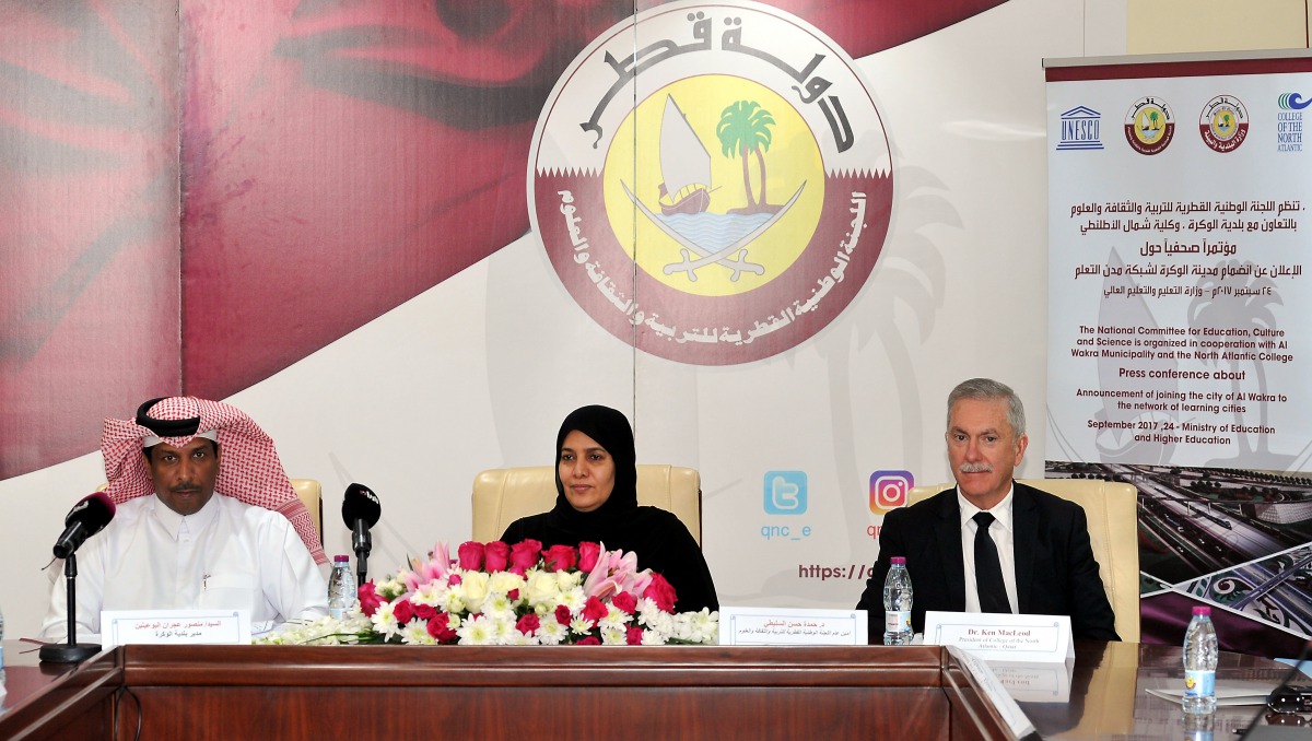 FROM LEFT: Mansour Ajran Al Buwainin , Director of Al Wakrah Municipality; Dr. Hamda Hassan Al Sulaiti, Secretary-General of the National Commission for Education, Culture and Science (QNCECS); and Dr. Ken MacLeod, President of the College of the North At