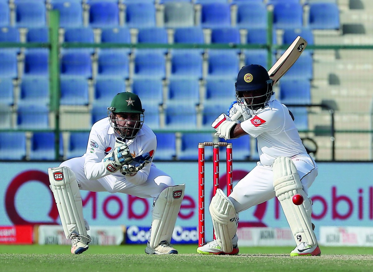 Sri Lanka’s Kaushal plays a shot during the fourth day of the first Test cricket match against Pakistan at Sheikh Zayed Stadium in Abu Dhabi, yesterday.