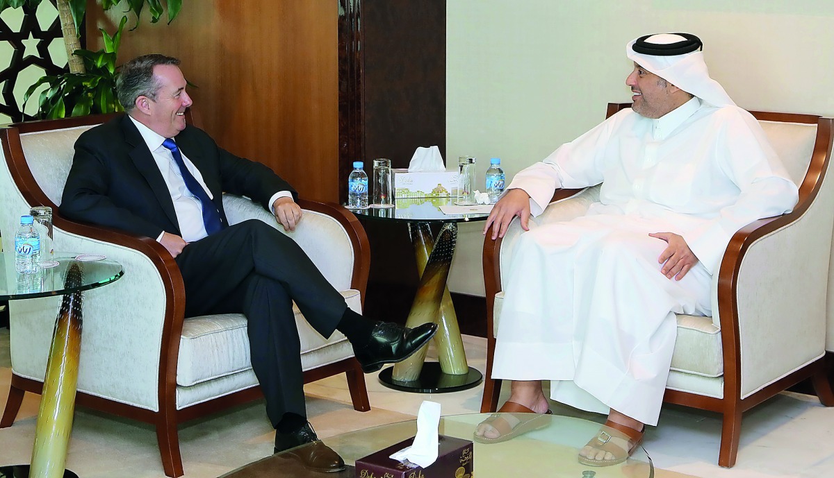 H E Sheikh Ahmed bin Jassim Al Thani (right), Minister of Economy and Commerce, met with Liam Fox, British Secretary of State for International Trade and President of the Board of Trade, in Doha, yesterday.
