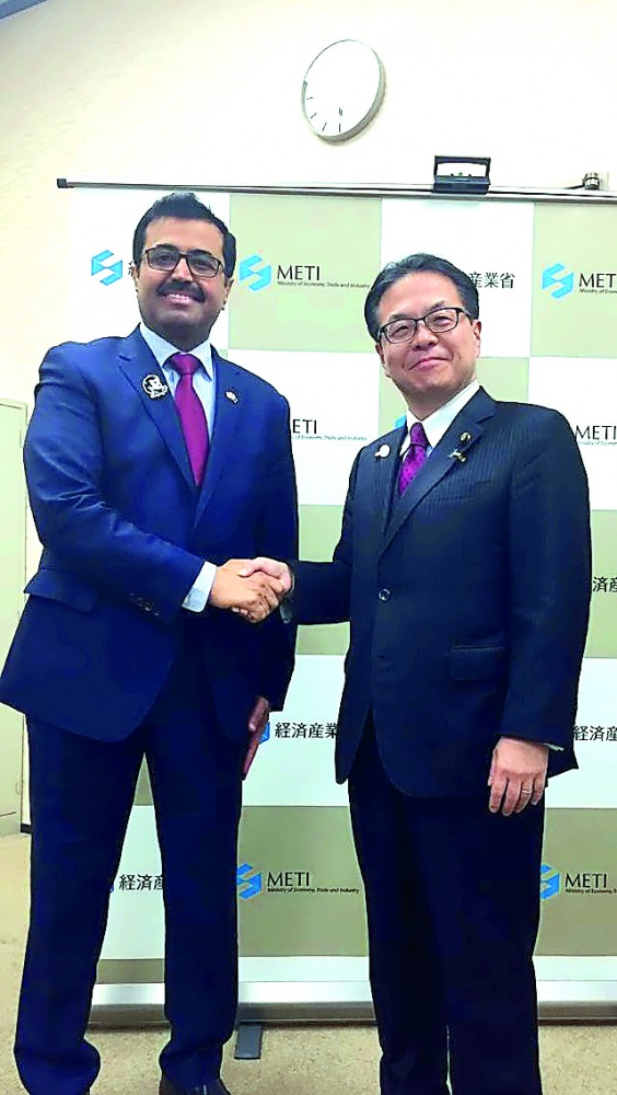 H E Dr Mohammed bin Saleh Al Sada (left), Minister of Energy and Industry, shaking hands with Hiroshige Seko, Japan’s Minister of Economy, Trade and Industry, on the sidelines of the 11th edition of Qatar-Japan Joint Economic Committee  meeting held in To