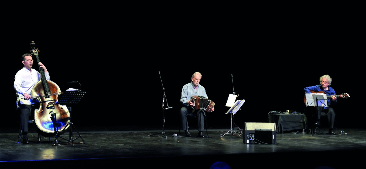 Rodolfo Mederos Trio (centre) at the “Tango Night Katara Trio Mederos Concert’’ yesterday.  Pic:  Kammutty V P / The Peninsula 