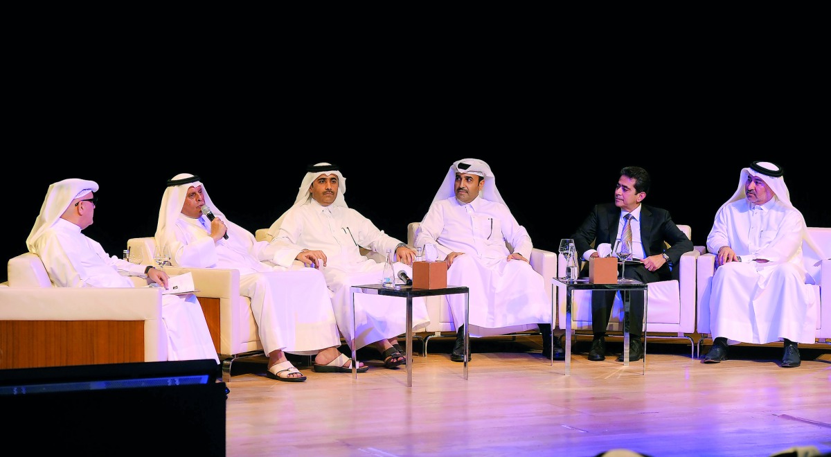 H E Abdullah bin Hamad Al Attiyah (second left), Chairman of Abdullah bin Hamad Al Attiyah International Foundation for Energy and Sustainable Development; Ibrahim Mohamed Jaidah (left), GCEO of Arab Engineering Bureau and QGBC board member; Eng. Essa bin